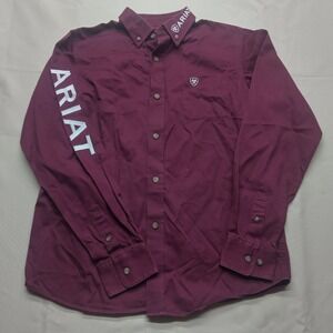 Ariat Boys L 14-16 Burgundy Long Sleeve Logo Western Button Down Shirt Maroon